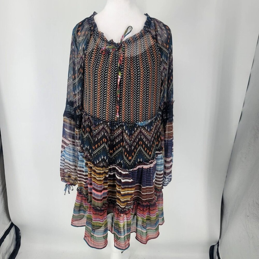 Desigual Lena Tiered Dress Multicolor Lined Sheer Ruffle Long Sleeve US Size 6